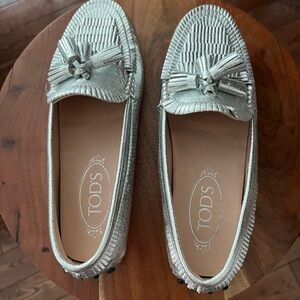 Tod's Silver Moccasin-Style Loafers Flats
